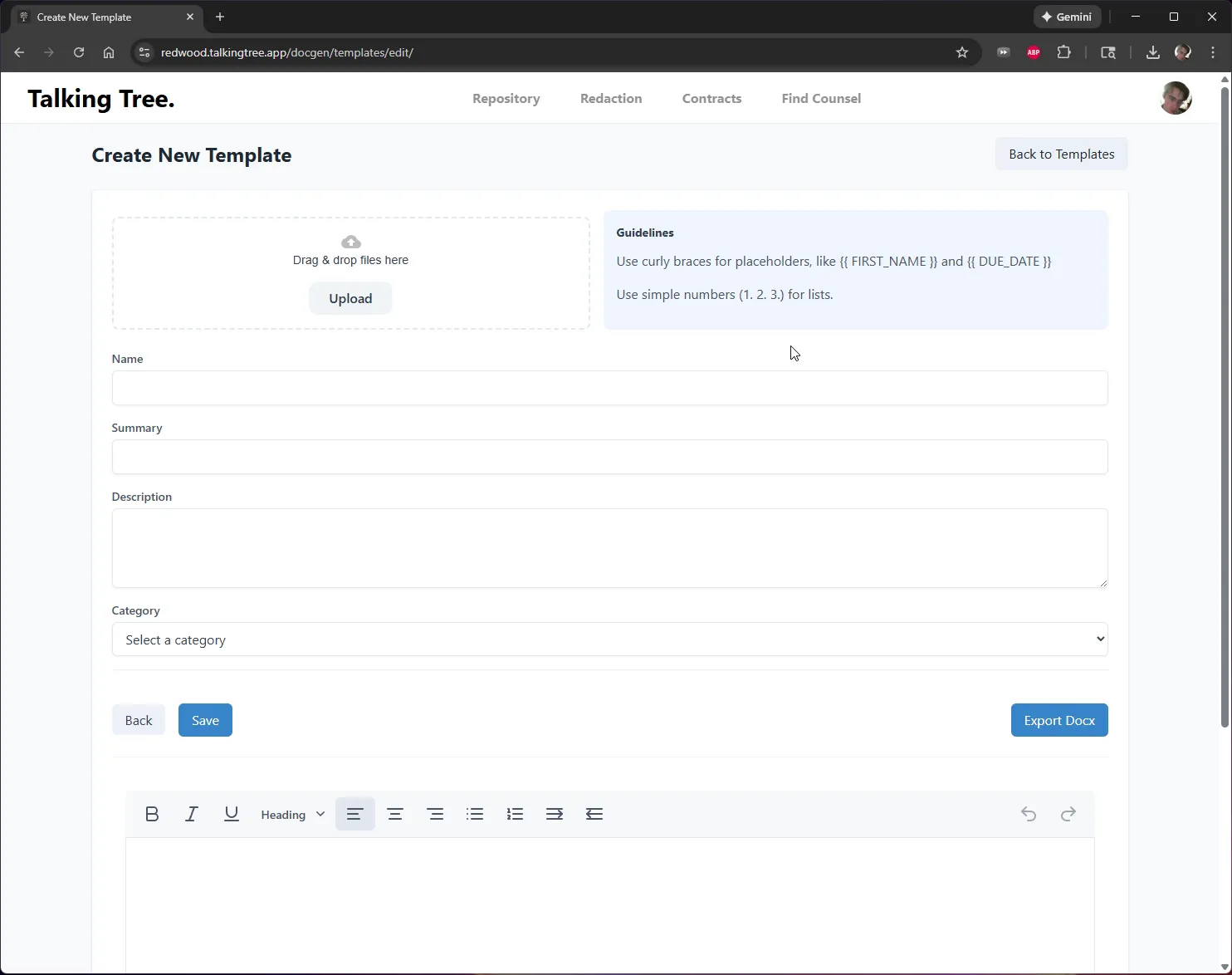 Create New Template page