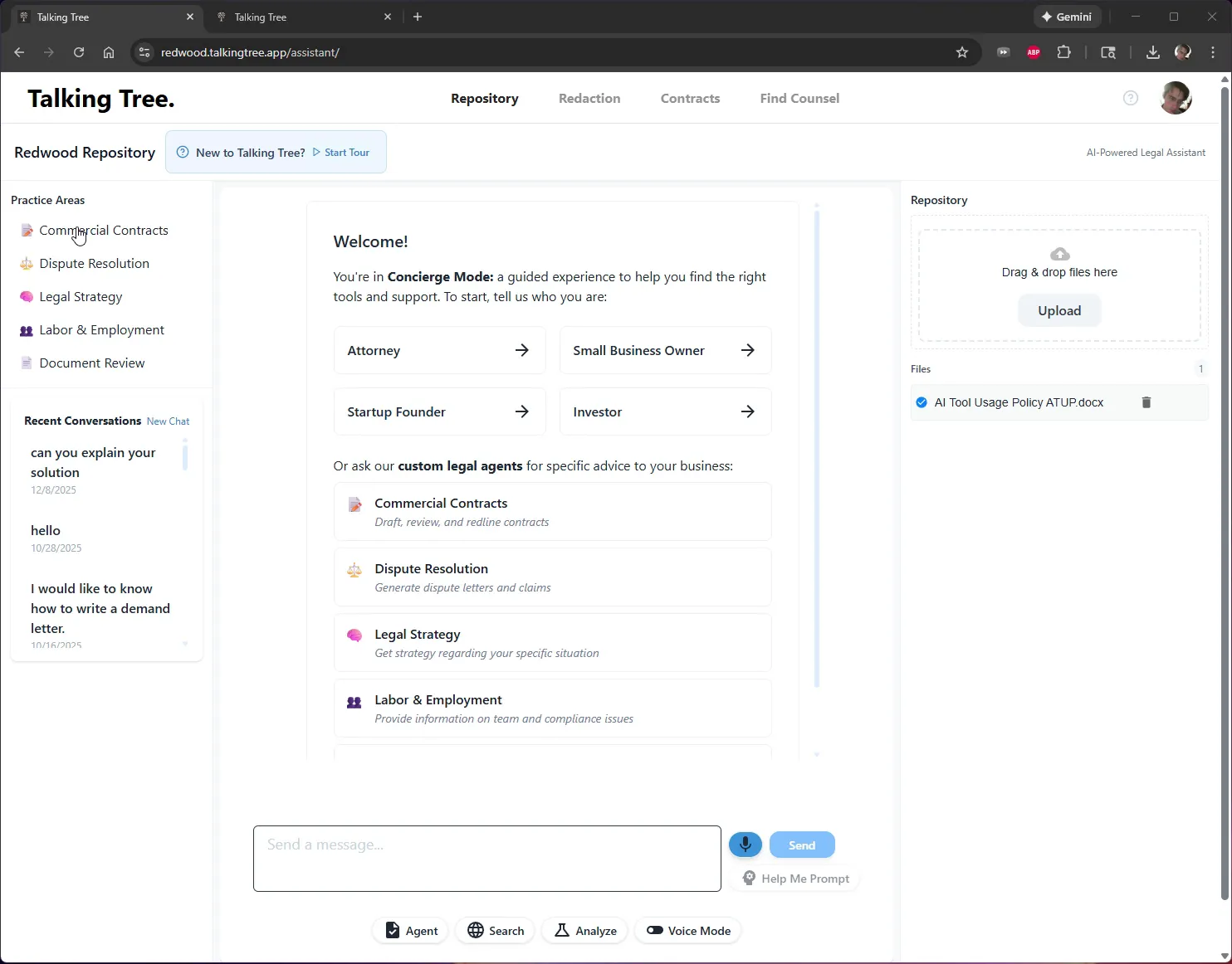 Commercial Contracts practice area selected on the Repository home screen
