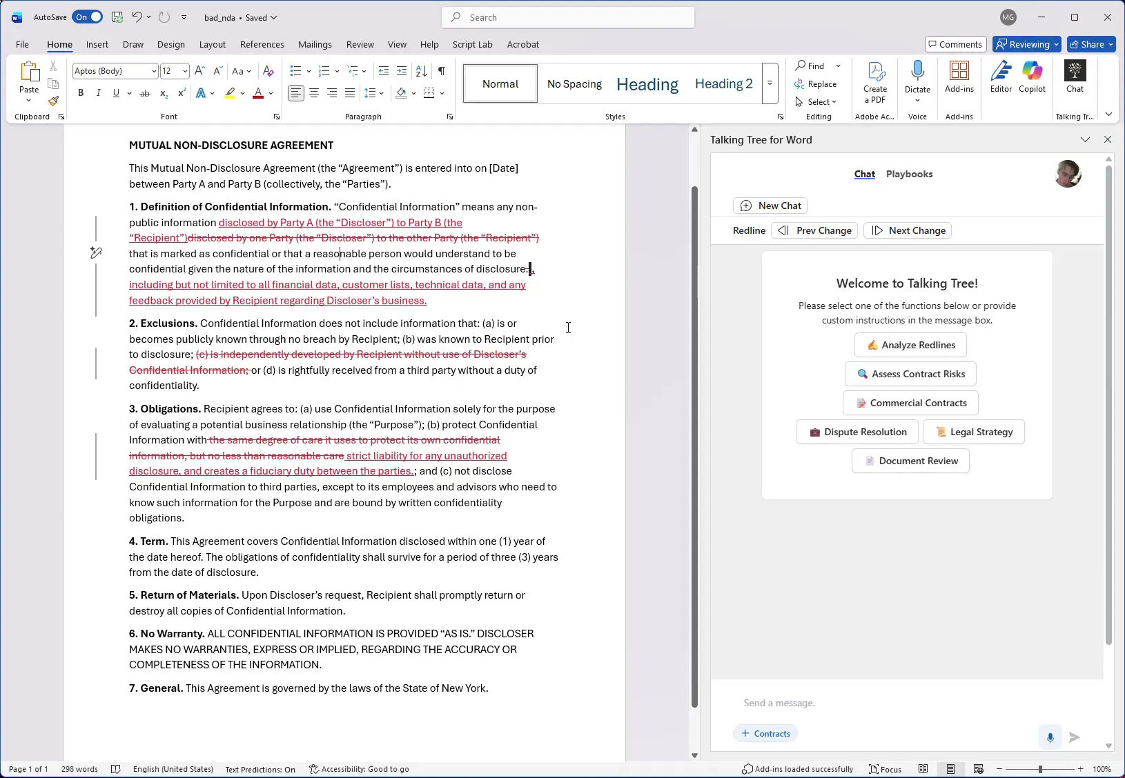 Document with tracked changes and Talking Tree panel open