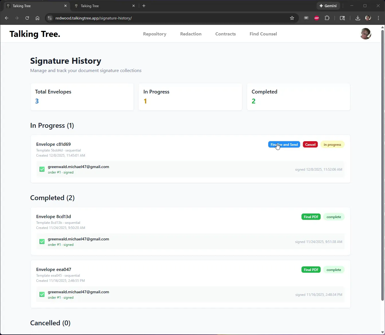 Signature History overview showing one in-progress and two completed envelopes