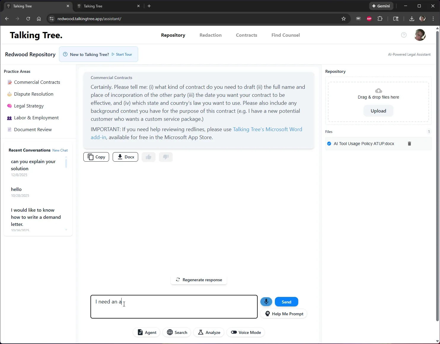 Assistant asking for contract details before drafting