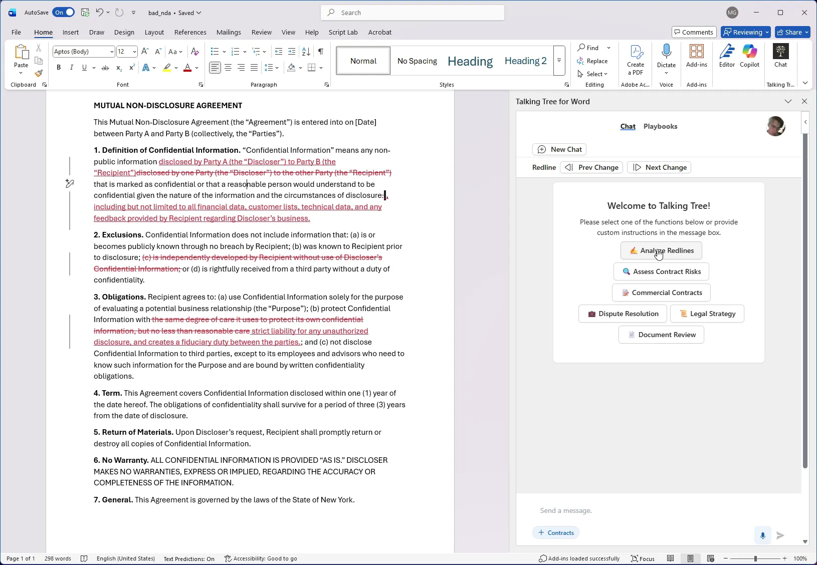 Clicking the Analyze Redlines button