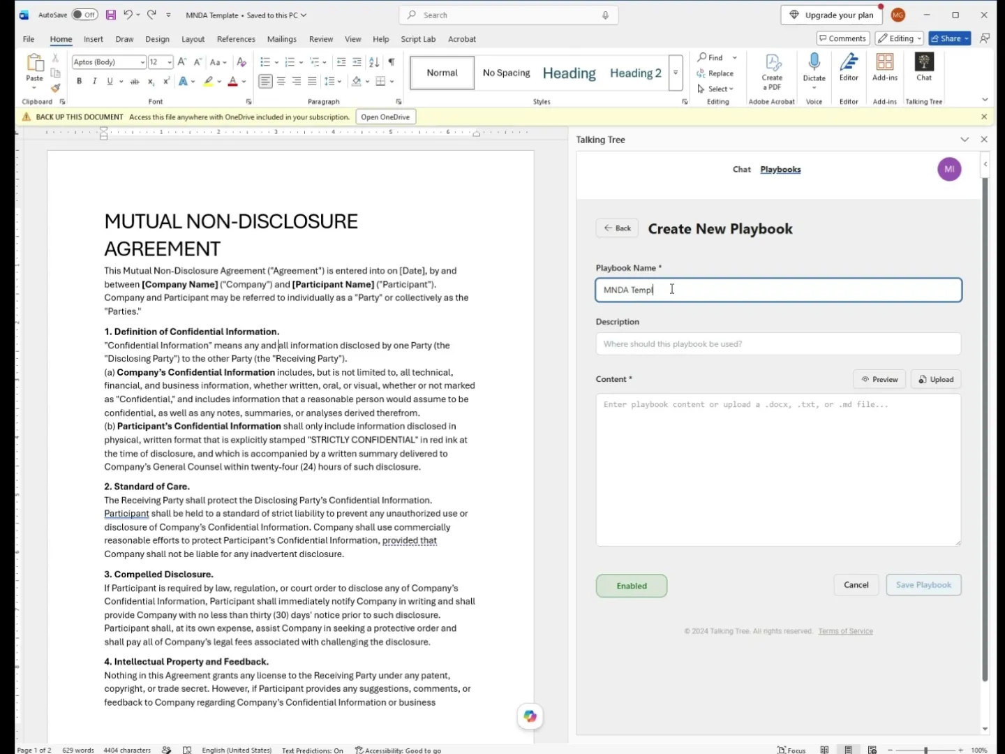 Entering the playbook name MNDA Template