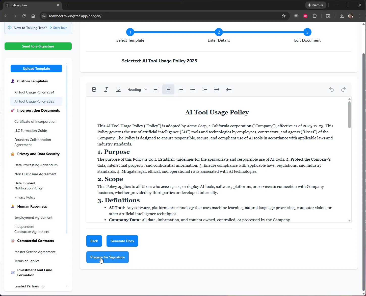 Click Prepare for Signature to begin the e-signature workflow