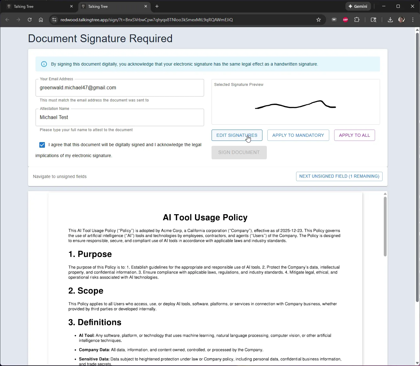 Agreeing to the electronic signature terms