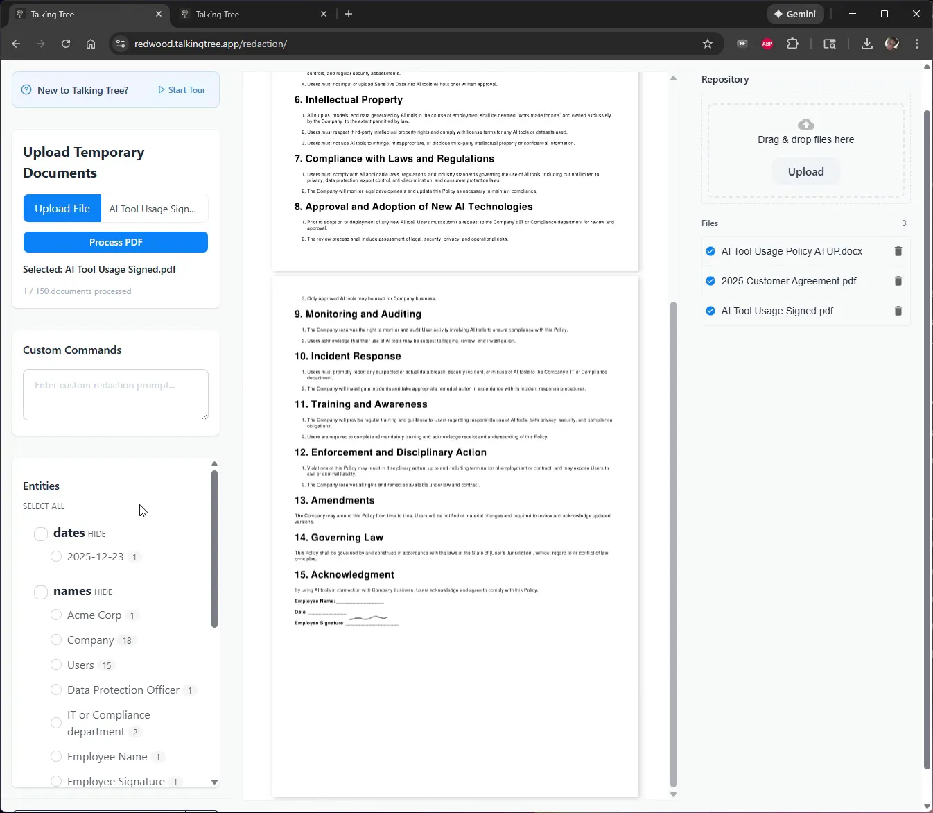 Detected entities listed after processing the PDF