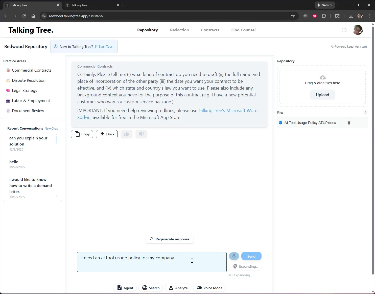 Typing a request for an AI tool usage policy