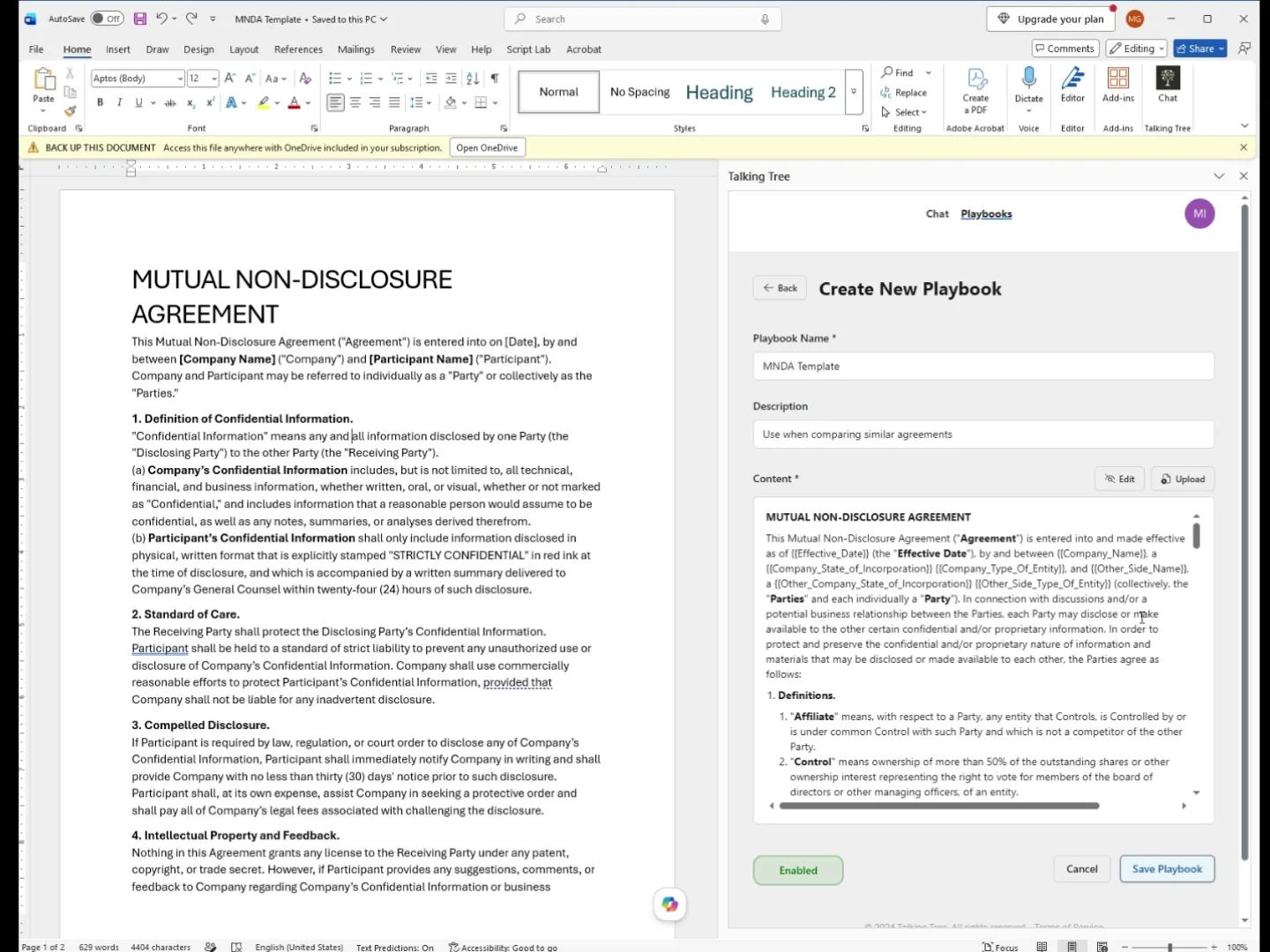 Playbook content populated with standard MNDA language