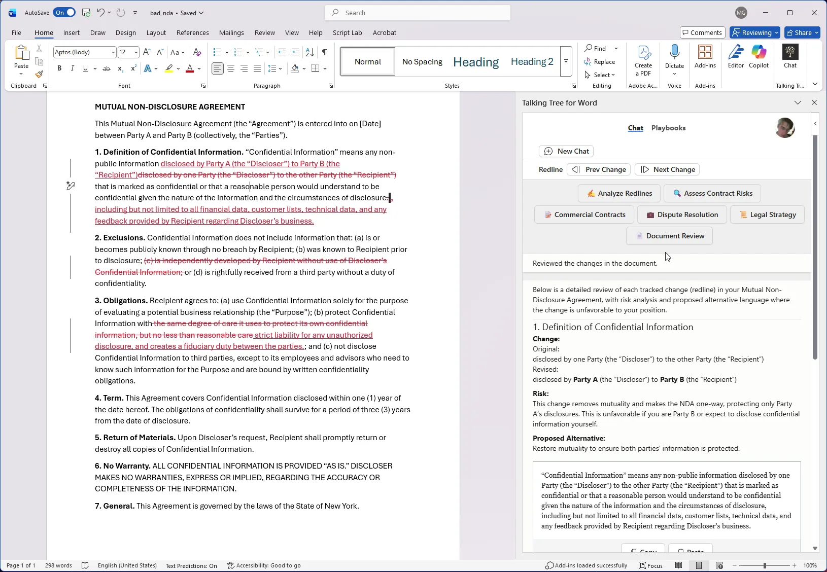 Reviewing the first redline change with risk and alternative