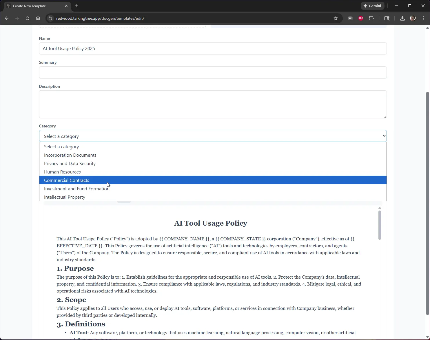 Selecting a category from the dropdown