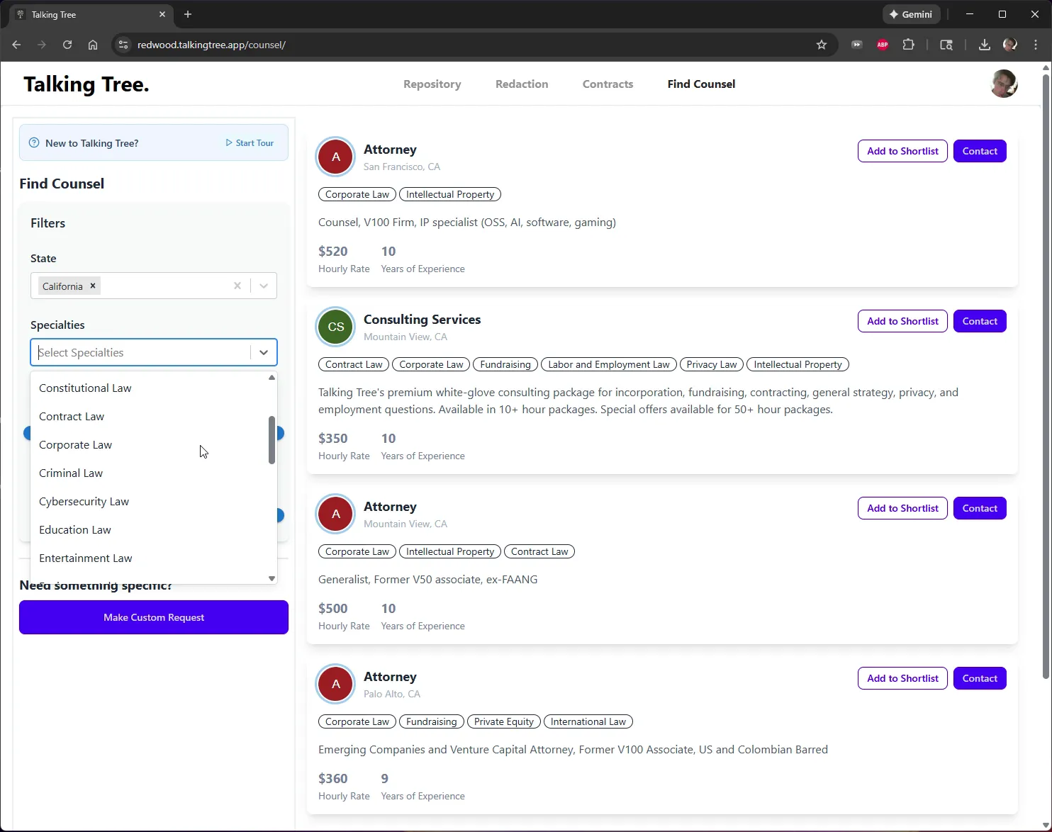 Specialties filter dropdown open