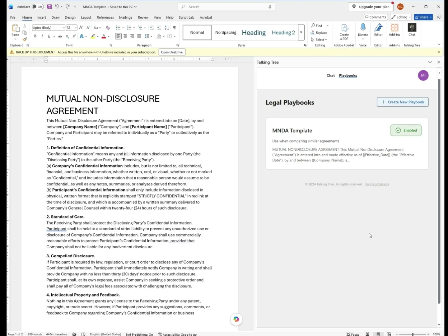 Saved MNDA Template playbook shown as Enabled