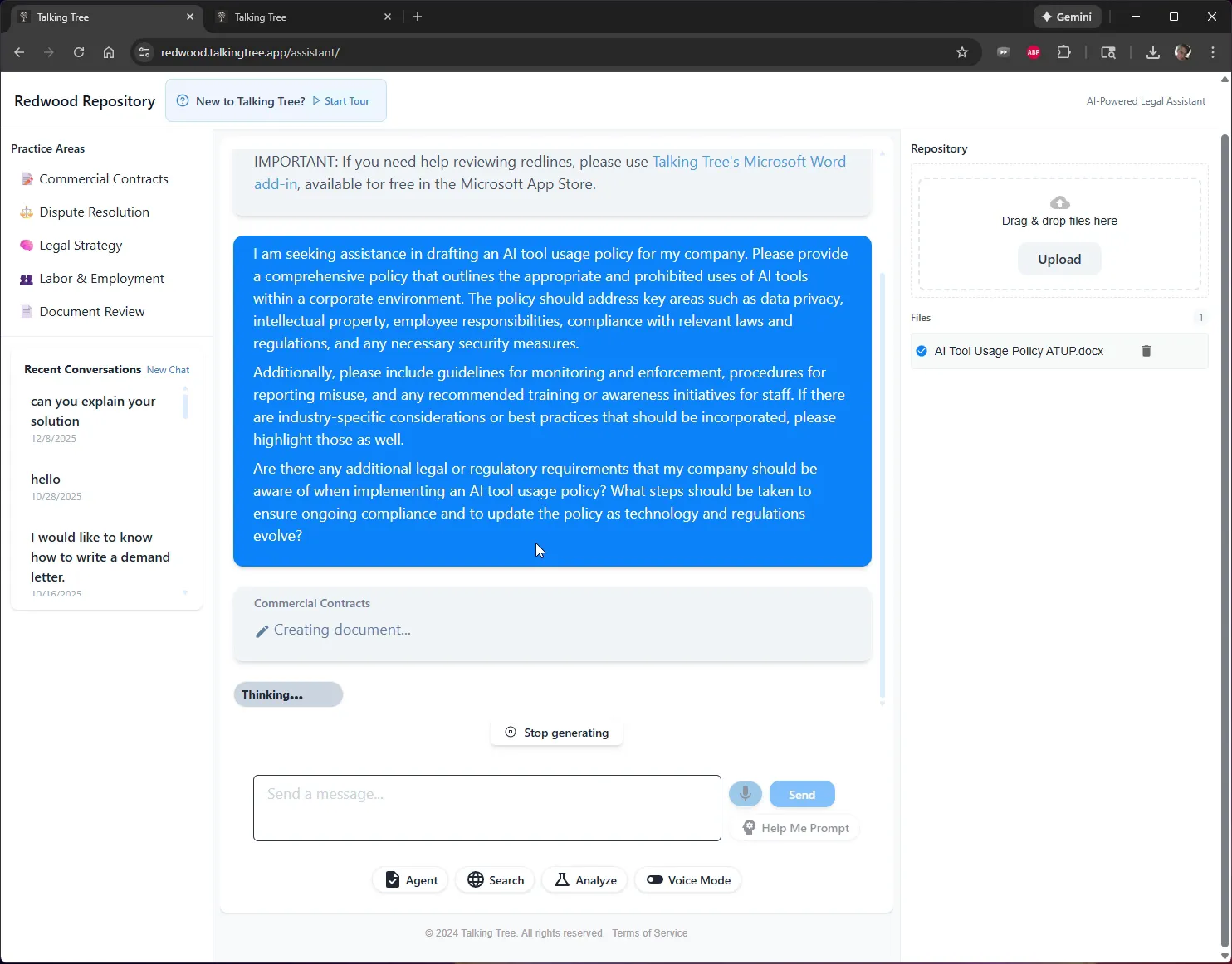 Creating document status shown while the assistant drafts the file