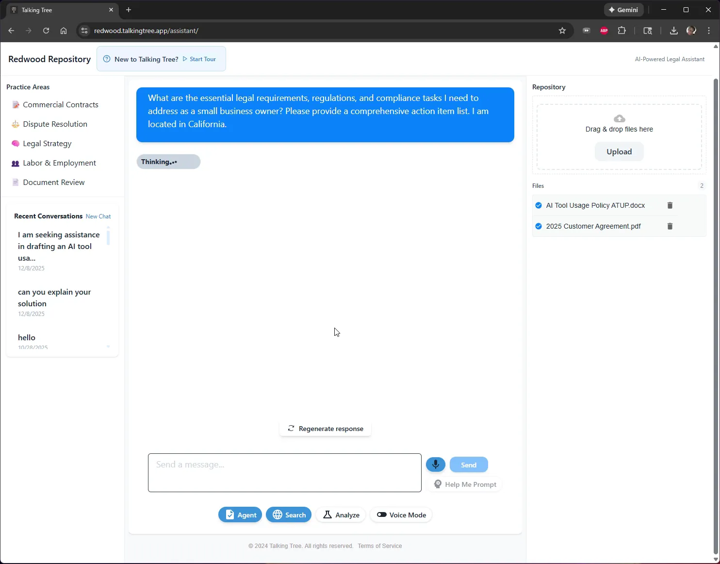 Question sent and agent thinking