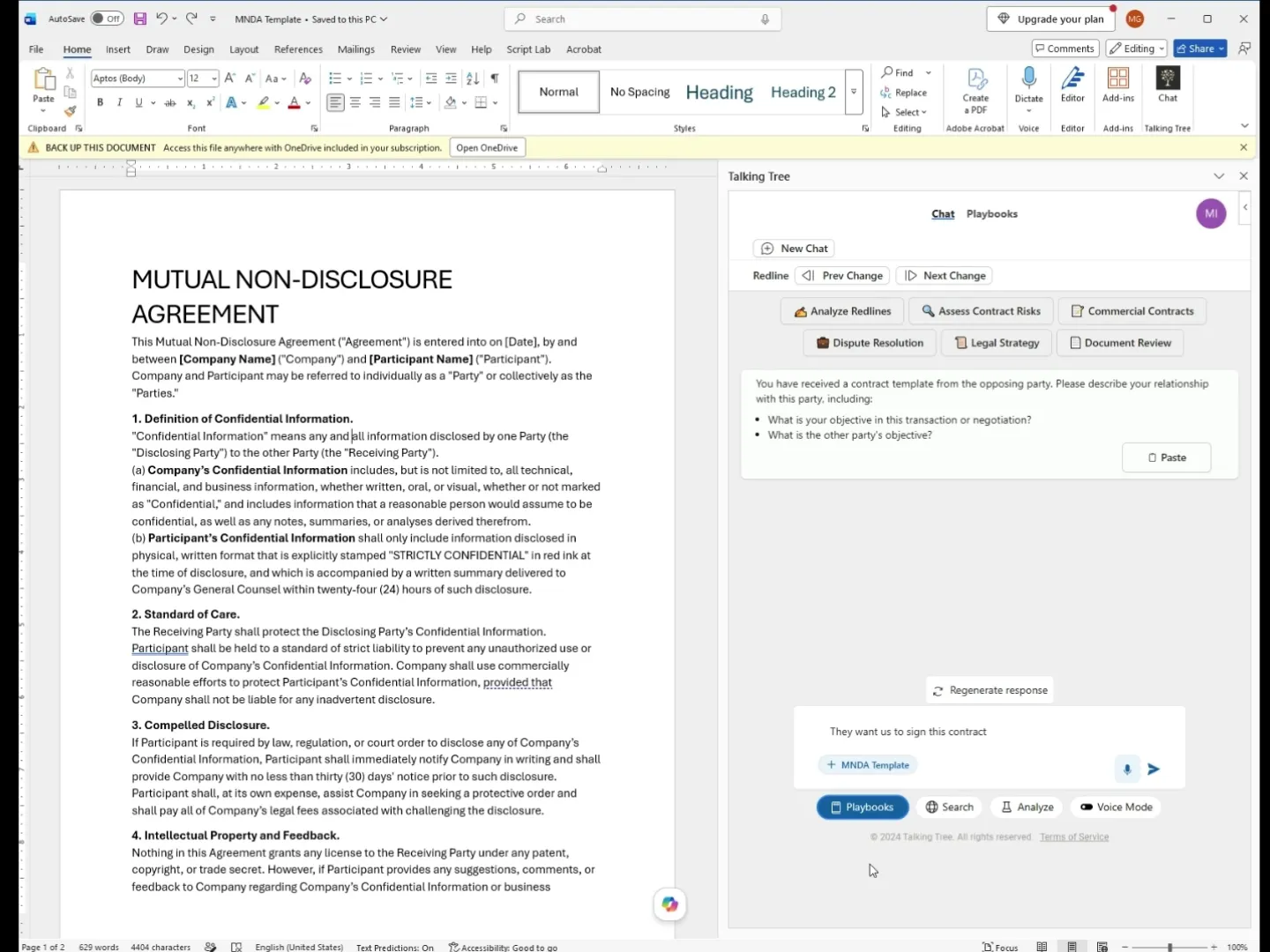 Attaching the MNDA Template playbook and describing the situation