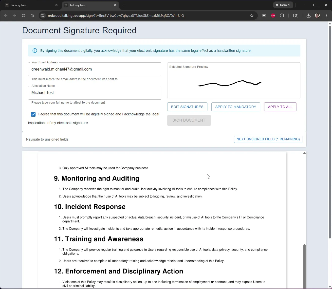 Confirming and saving the signature