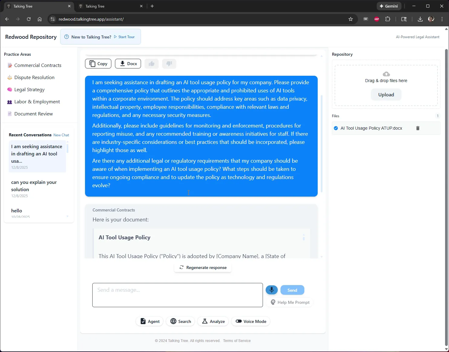 Generated AI Tool Usage Policy document shown in the chat