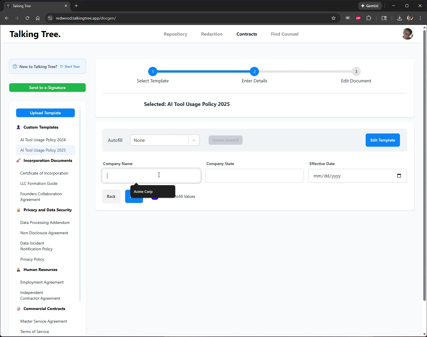 Entering Company Name with autofill suggestion