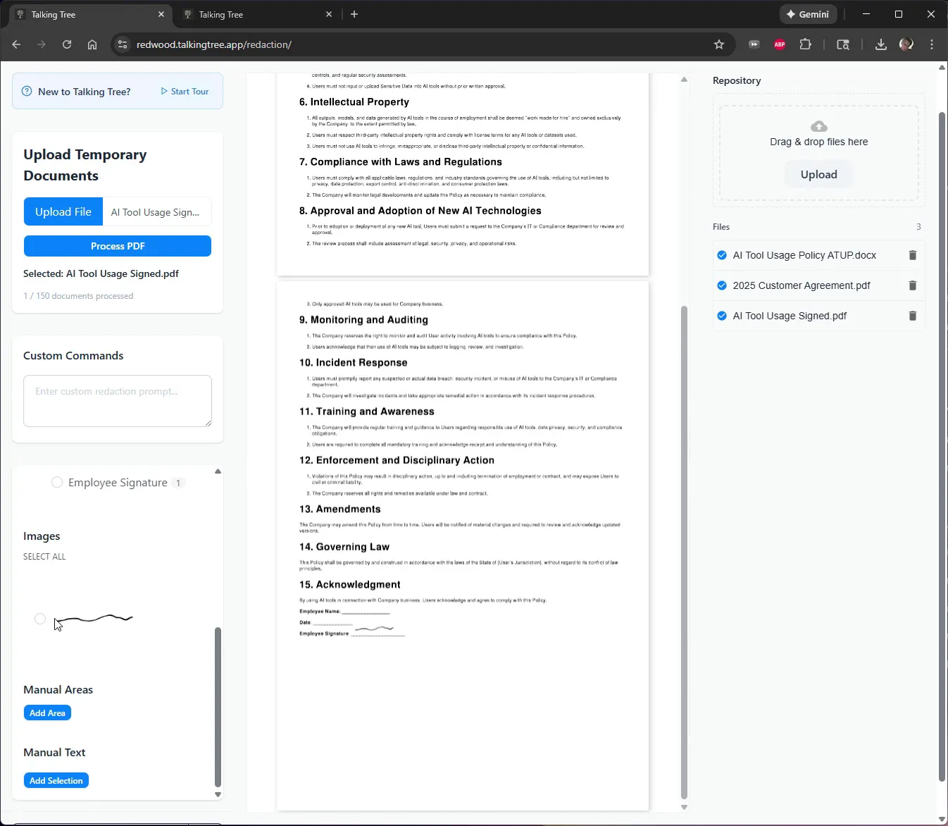 Get Redacted Document button clicked