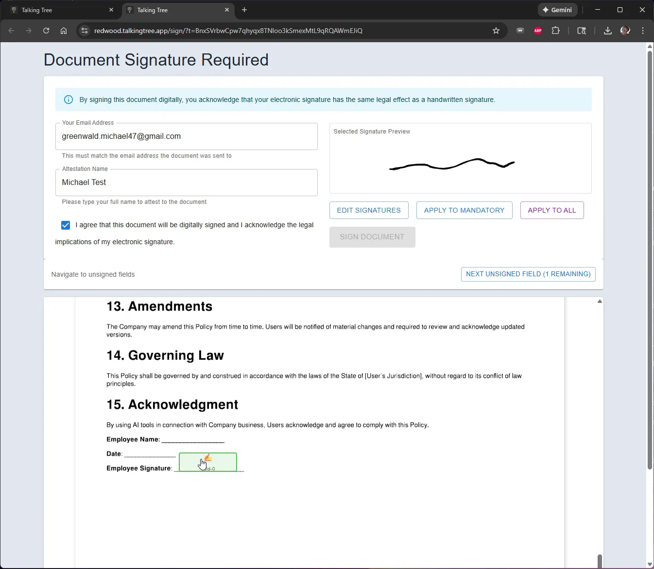 Applying the signature to the document field