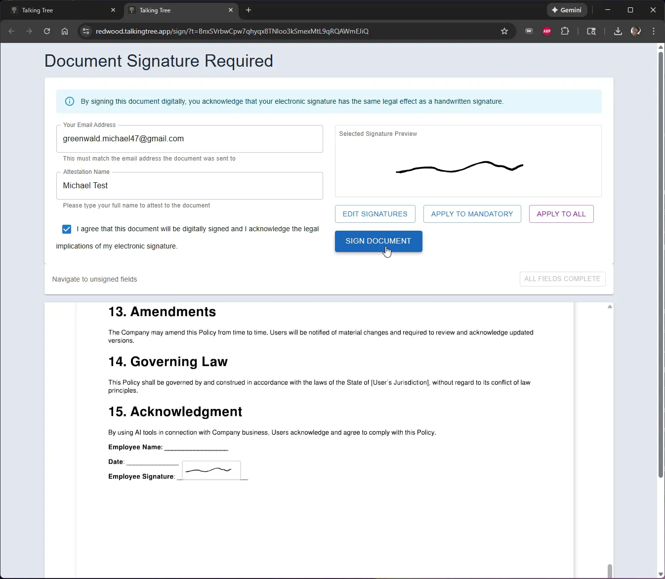 Clicking Sign Document