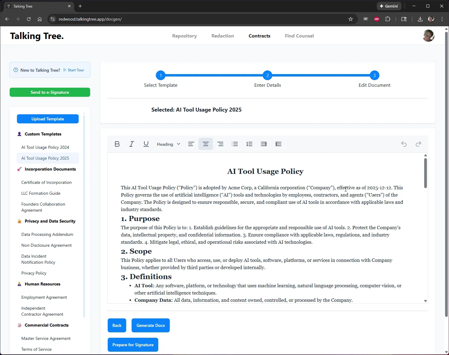 Edit Document step showing merged content