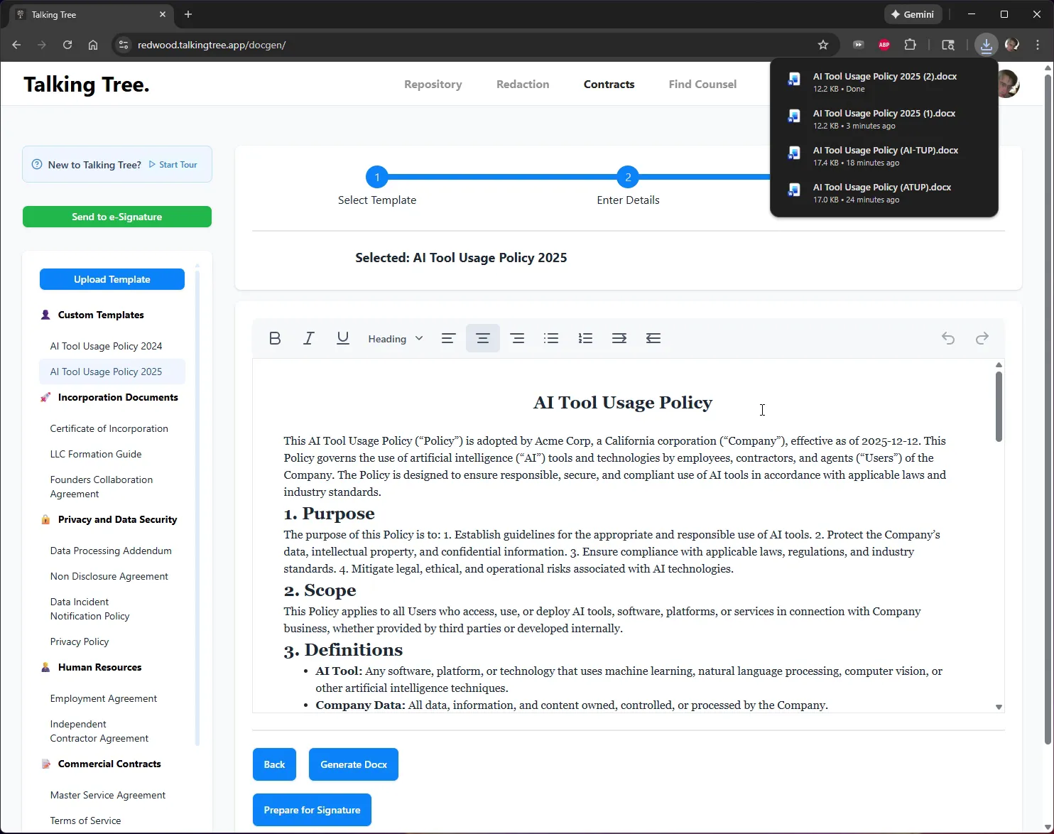 Generate Docx button and resulting download